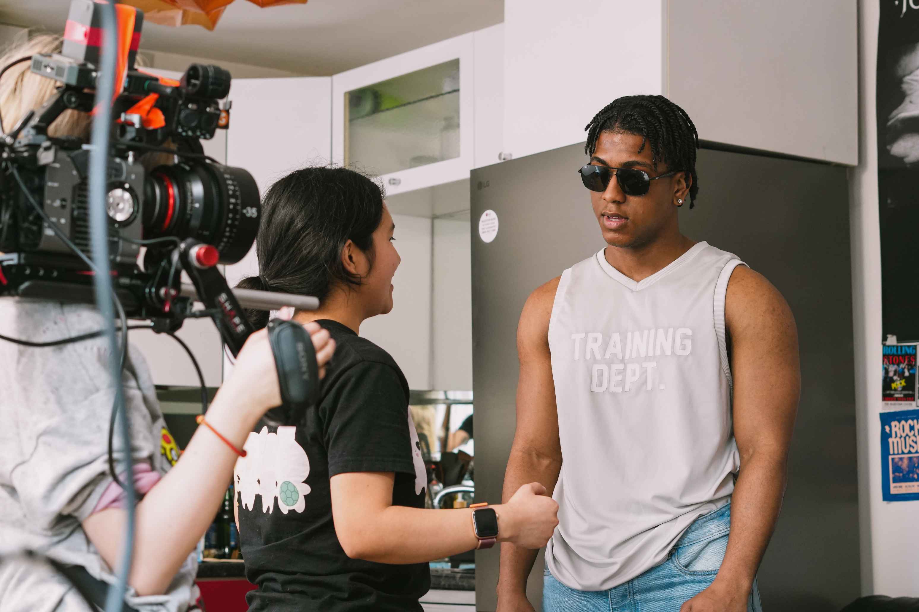 Cristina Caballero directing an actor during a camera rehearsal